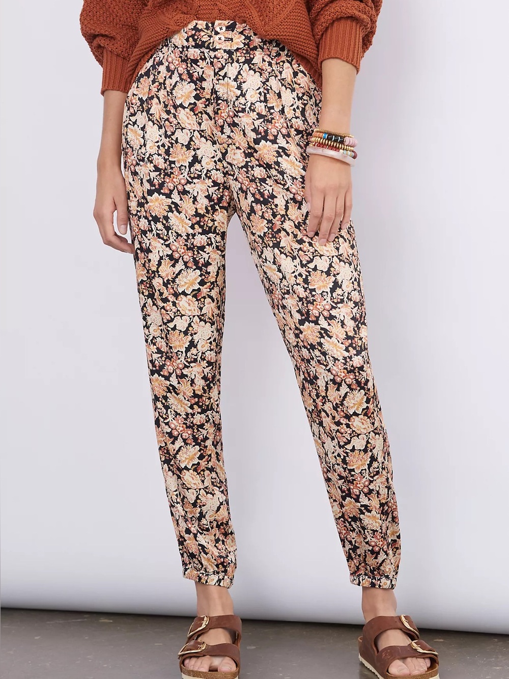 Anthropologie Diandra Black Jogger Pants with Cream and Tan Floral Print